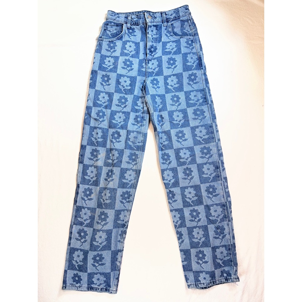 RV Reclaimed Vintage Floral Checkerboard High Waist Straight Leg Jeans Blue W26